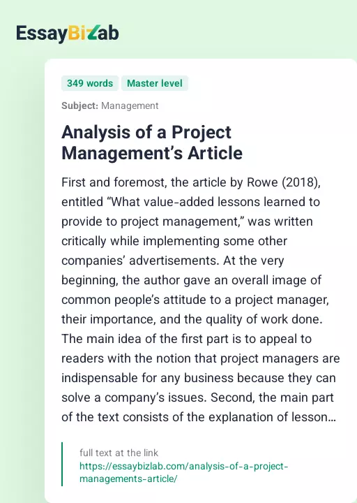 Analysis of a Project Management’s Article - Essay Preview