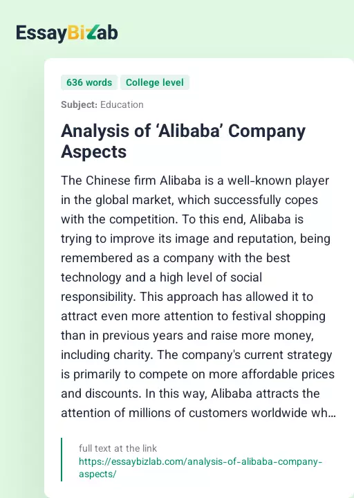 Analysis of ‘Alibaba’ Company Aspects - Essay Preview