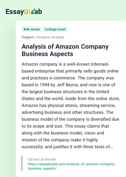 Analysis of Amazon Company Business Aspects - Essay Preview