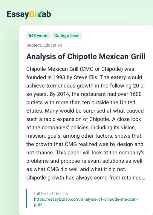 Analysis of Chipotle Mexican Grill - Essay Preview