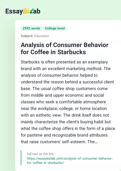 Analysis of Consumer Behavior for Coffee in Starbucks - Essay Preview