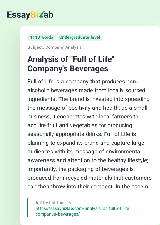 Analysis of "Full of Life" Company's Beverages - Essay Preview