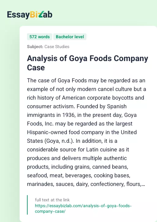 Analysis of Goya Foods Company Case - Essay Preview