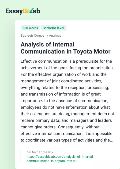Analysis of Internal Communication in Toyota Motor - Essay Preview