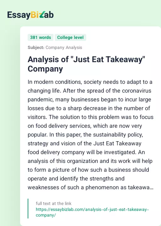 Analysis of "Just Eat Takeaway" Company - Essay Preview