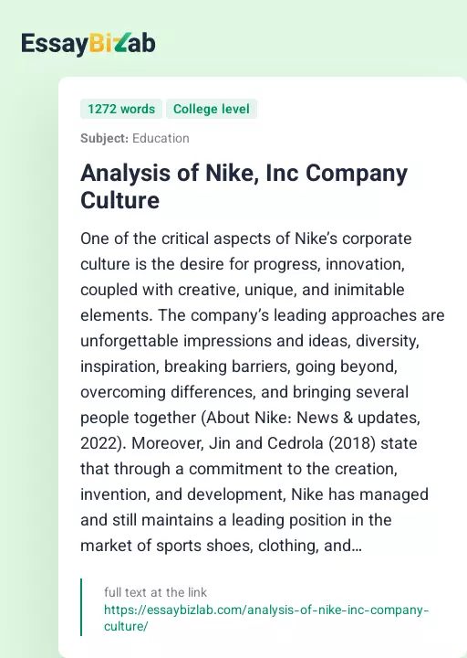 Analysis of Nike, Inc Company Culture - Essay Preview