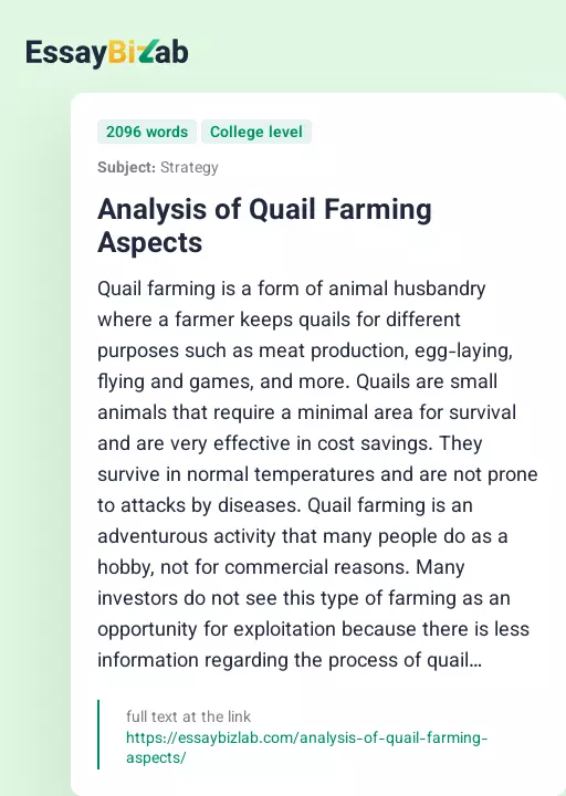 Analysis of Quail Farming Aspects - Essay Preview