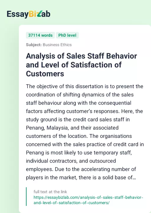Analysis of Sales Staff Behavior and Level of Satisfaction of Customers - Essay Preview