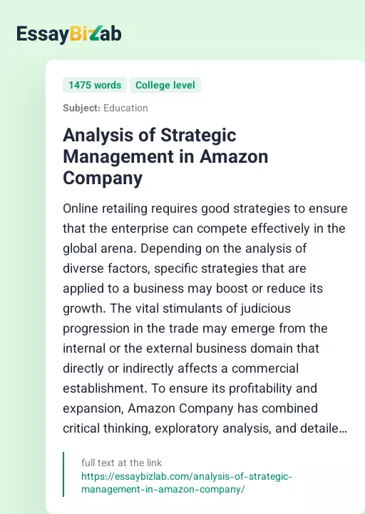Analysis of Strategic Management in Amazon Company - Essay Preview