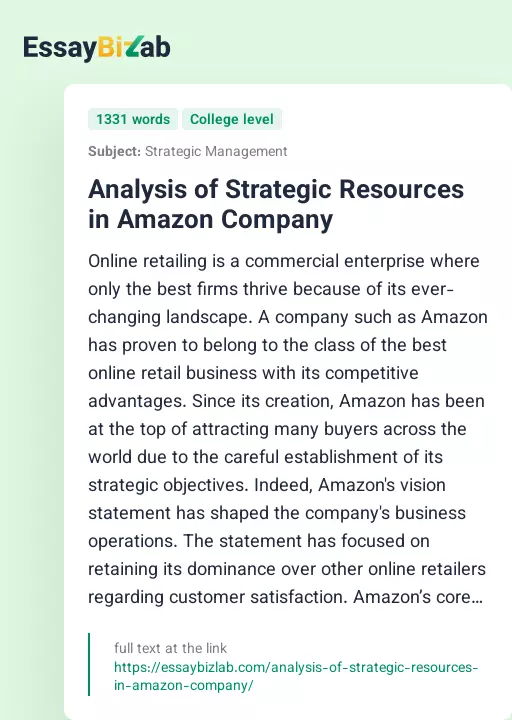 Analysis of Strategic Resources in Amazon Company - Essay Preview