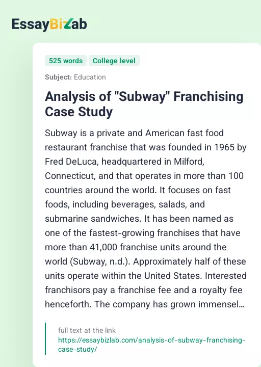 Analysis of "Subway" Franchising Case Study - Essay Preview