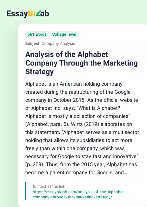 Analysis of the Alphabet Company Through the Marketing Strategy - Essay Preview