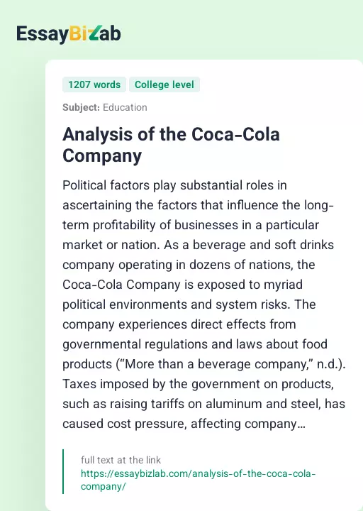 Analysis of the Coca-Cola Company - Essay Preview