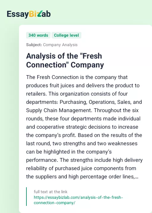 Analysis of the "Fresh Connection" Company - Essay Preview