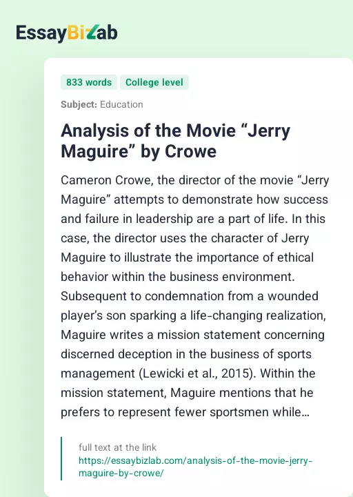 Analysis of the Movie “Jerry Maguire” by Crowe - Essay Preview