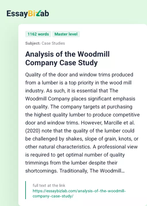 Analysis of the Woodmill Company Case Study - Essay Preview