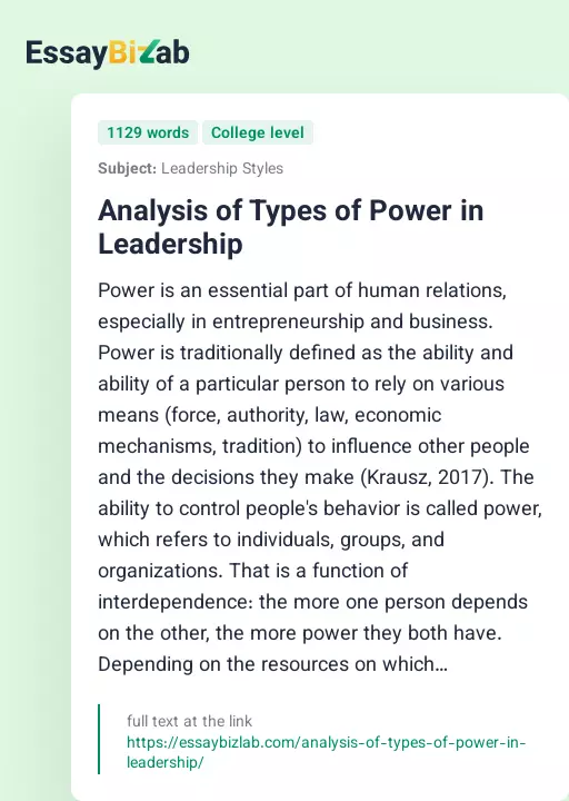 Analysis of Types of Power in Leadership - Essay Preview