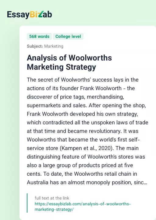 Analysis of Woolworths Marketing Strategy - Essay Preview