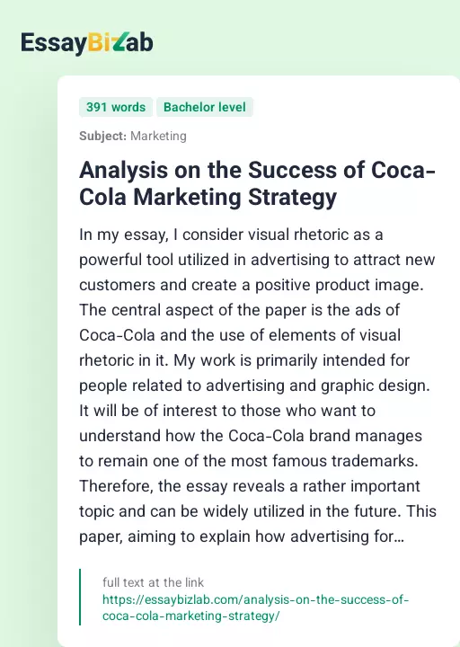 Analysis on the Success of Coca-Cola Marketing Strategy - Essay Preview