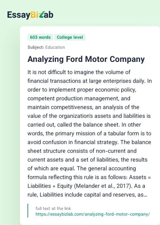 Analyzing Ford Motor Company - Essay Preview