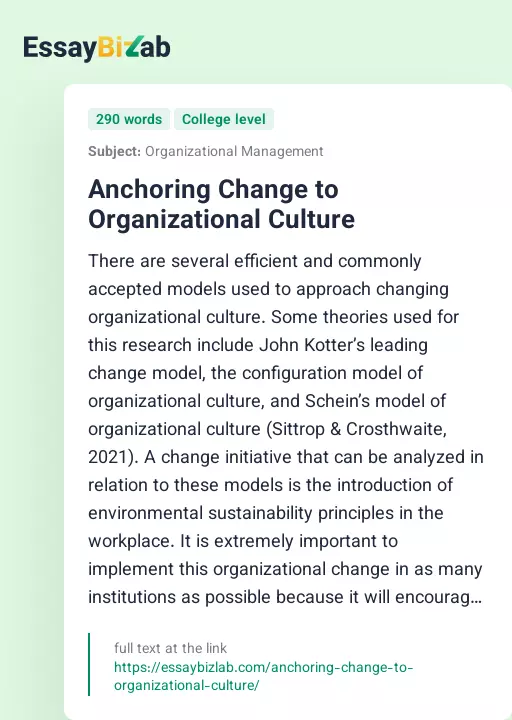 Anchoring Change to Organizational Culture - Essay Preview