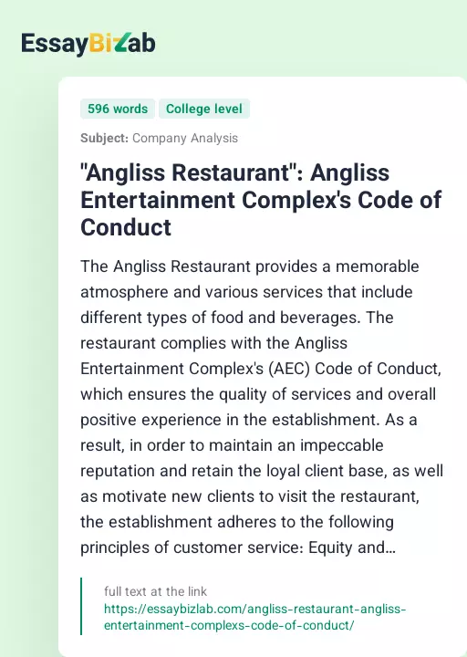 "Angliss Restaurant": Angliss Entertainment Complex's Code of Conduct - Essay Preview