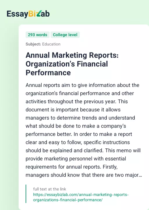 Annual Marketing Reports: Organization’s Financial Performance - Essay Preview