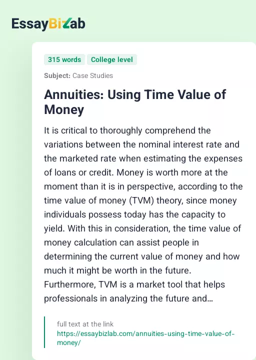 Annuities: Using Time Value of Money - Essay Preview