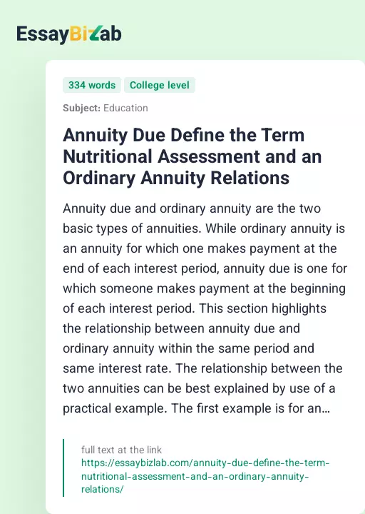 Annuity Due Define the Term Nutritional Assessment and an Ordinary Annuity Relations - Essay Preview