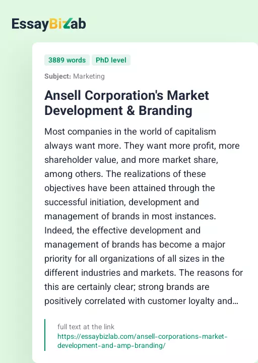 Ansell Corporation's Market Development & Branding - Essay Preview