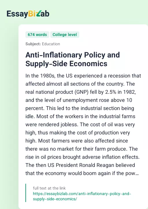 Anti-Inflationary Policy and Supply-Side Economics - Essay Preview