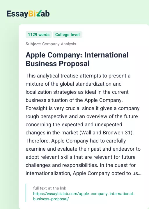 Apple Company: International Business Proposal - Essay Preview
