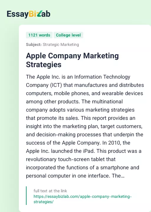 Apple Company Marketing Strategies - Essay Preview