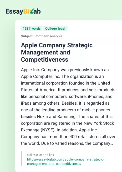 Apple Company Strategic Management and Competitiveness - Essay Preview