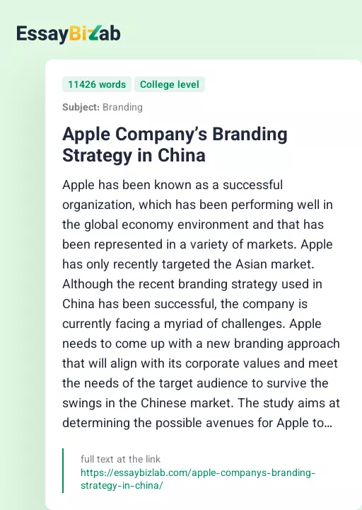 Apple Company’s Branding Strategy in China - Essay Preview