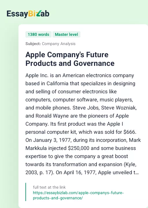 Apple Company's Future Products and Governance - Essay Preview