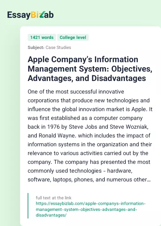 Apple Company’s Information Management System: Objectives, Advantages, and Disadvantages - Essay Preview