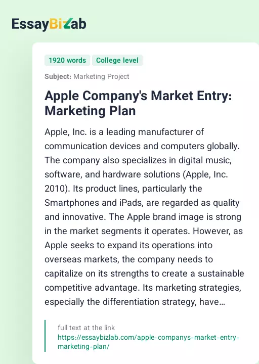 Apple Company's Market Entry: Marketing Plan - Essay Preview