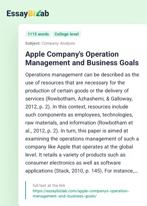 Apple Company's Operation Management and Business Goals - Essay Preview