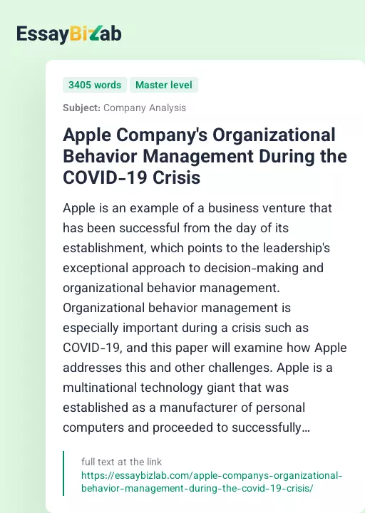 Apple Company's Organizational Behavior Management During the COVID-19 Crisis - Essay Preview
