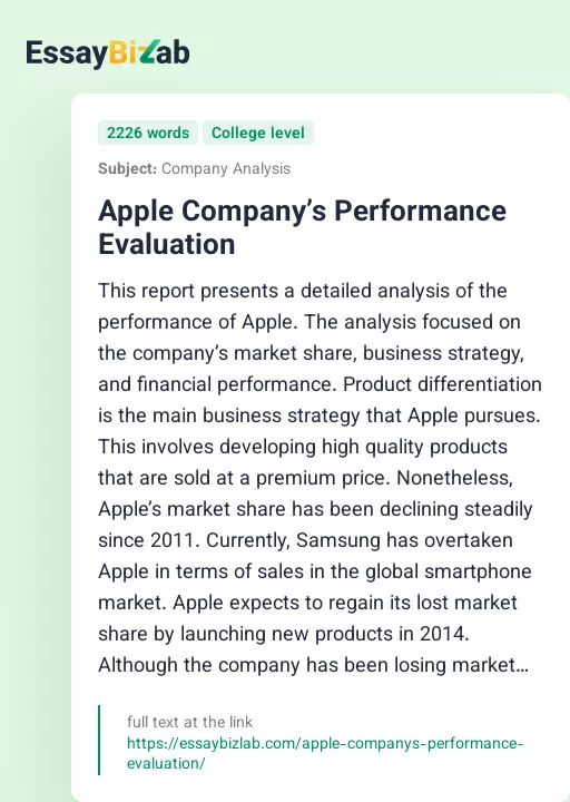 Apple Company’s Performance Evaluation - Essay Preview