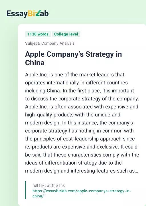 Apple Company’s Strategy in China - Essay Preview