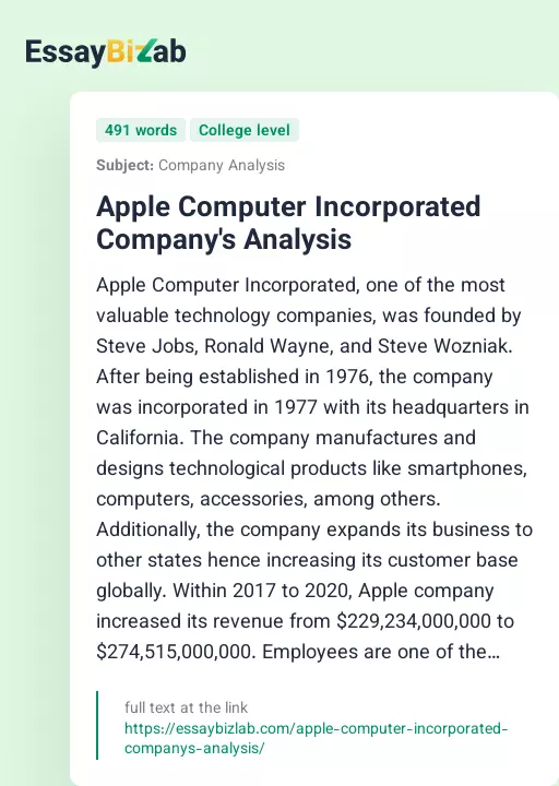 Apple Computer Incorporated Company's Analysis - Essay Preview