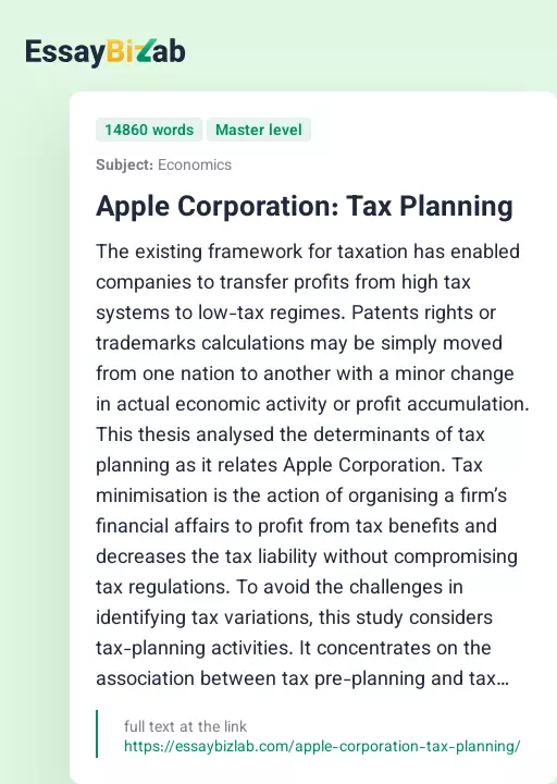 Apple Corporation: Tax Planning - Essay Preview
