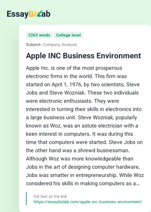 Apple INC Business Environment - Essay Preview
