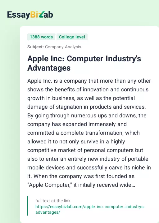 Apple Inc: Computer Industry's Advantages - Essay Preview