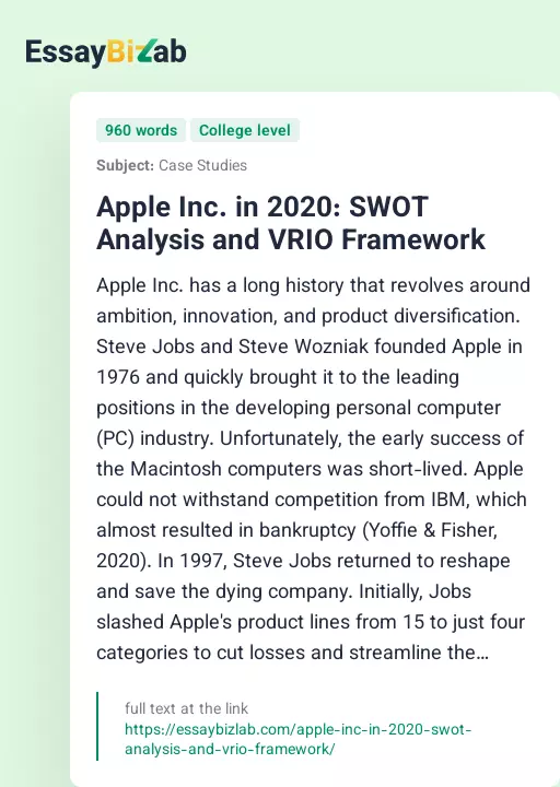 Apple Inc. in 2020: SWOT Analysis and VRIO Framework - Essay Preview