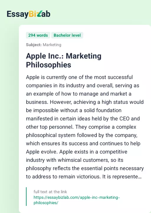 Apple Inc.: Marketing Philosophies - Essay Preview