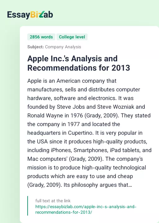 Apple Inc.'s Analysis and Recommendations for 2013 - Essay Preview