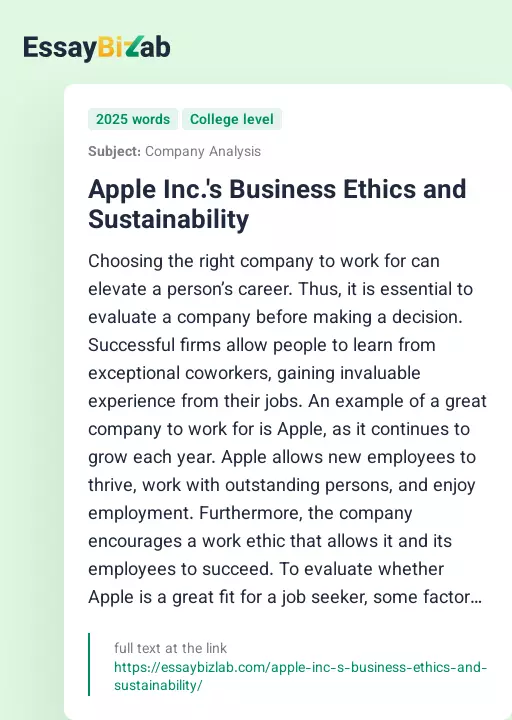 Apple Inc.'s Business Ethics and Sustainability - Essay Preview
